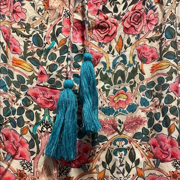 NATURAL LIFE Cream Floral Print Top with Teal and Coral Accents Side Slits Maxi - Picture 3 of 12